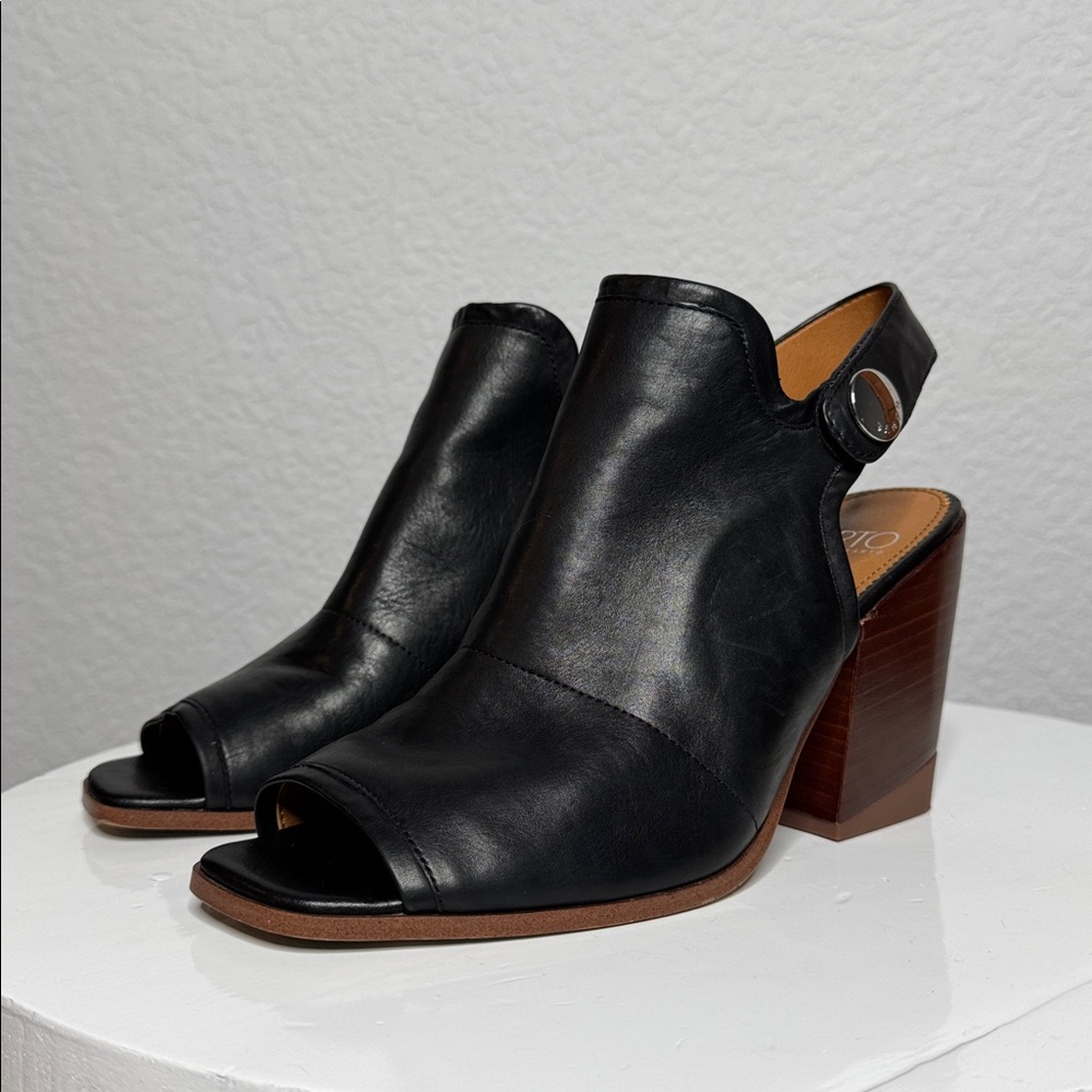 FRANCO SARTO ICELYNN BLACK LEATHER PEEP TOE BLOCK HEELED ANKLE STRAP BOOTIE - Picture 4 of 15